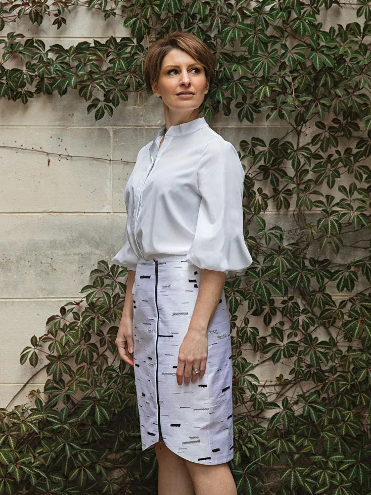 Puff Sleeve Shirt and Silver Birch Stride Skirt from left side