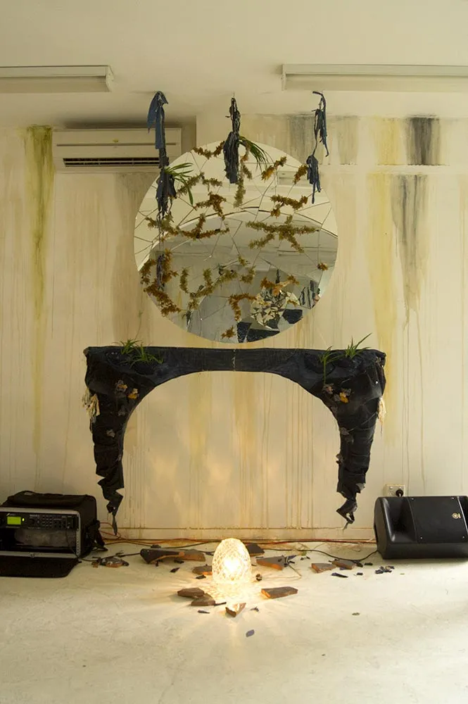 Pavement Mirrors with Denim Mantles by Tarmi Clarke